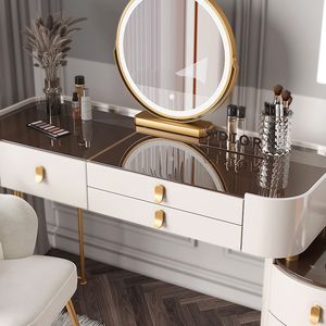 Table de maquillage de luxe <span class=keywords><strong>en</strong></span> dalle de roche grise pour chambre à coucher, avec miroir rond éclairé par LED et grand tiroir de rangement, ensemble coiffeuse - Product Image 5
