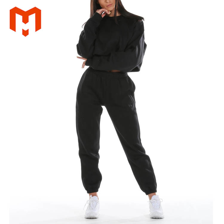 Jogging En Coton Noir Femmes 2 Pièces Ensemble Survêtements Logo Personnalisé Plaine Survêtement Pour Les Femmes