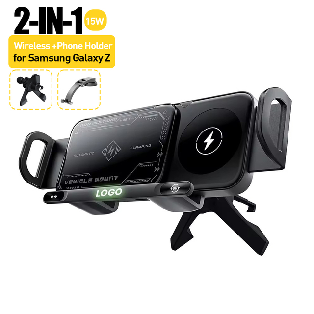 15W 90° Wireless Car Charger Auto-Clamping Rotatable Car Phone Holder Wireless Charger for Samsung Galaxy Z Fold Flip Galaxy