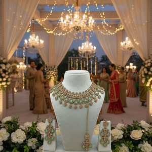 Vintage <b>Gold</b> Plated Copper Pearl Bridal Shadow Choker Necklace <b>Set</b> Earrings Maang Tikka Trendy High Quality Wedding Party - Product Image 3