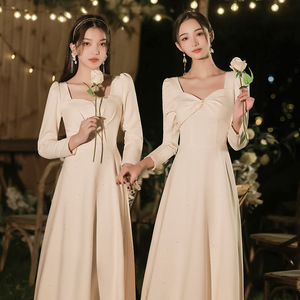 Bridesmaid Dresses Elegant Long Sleeve Satin Sheath Sweetheart Neckline Champagne Color For Best Friends And Bridesmaids - Product Image 3