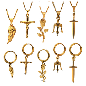 Perhiasan Pedang Anting-Anting Baja Tahan Karat Emas 18K Anting-Anting Sayap Malaikat Tanpa Noda Kalung Salib Pria Wanita Trendi - Product Image 1