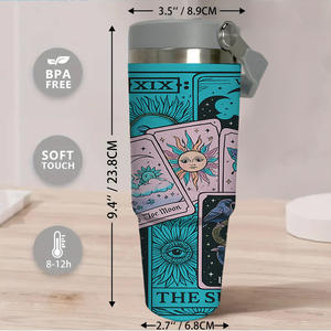 Gobelet isotherme 30oz avec poignée, motif Cartes de Tarot Mystiques, squelette et sorcière, rose turquoise, Mug de voyage, Stock USA, Cadeau gothique pour les amateurs de Tarot - Product Image 4