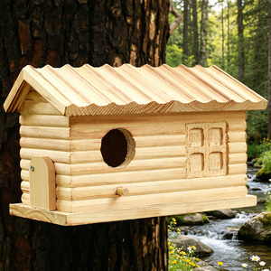 Nichoir en bois pour oiseaux de jardin, style <span class=keywords><strong>cabane</strong></span> en rondins, à suspendre, pour pinsons sauvages, en paulownia naturelle, mangeoire décorative - Product Image 4