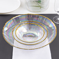 Assiettes de présentation, bols et services de vaisselle en verre transparent effet cristal arc-en-ciel avec bord doré pour desserts, salades et dîners, pour fêtes, mariages et hôtels, vente en gros