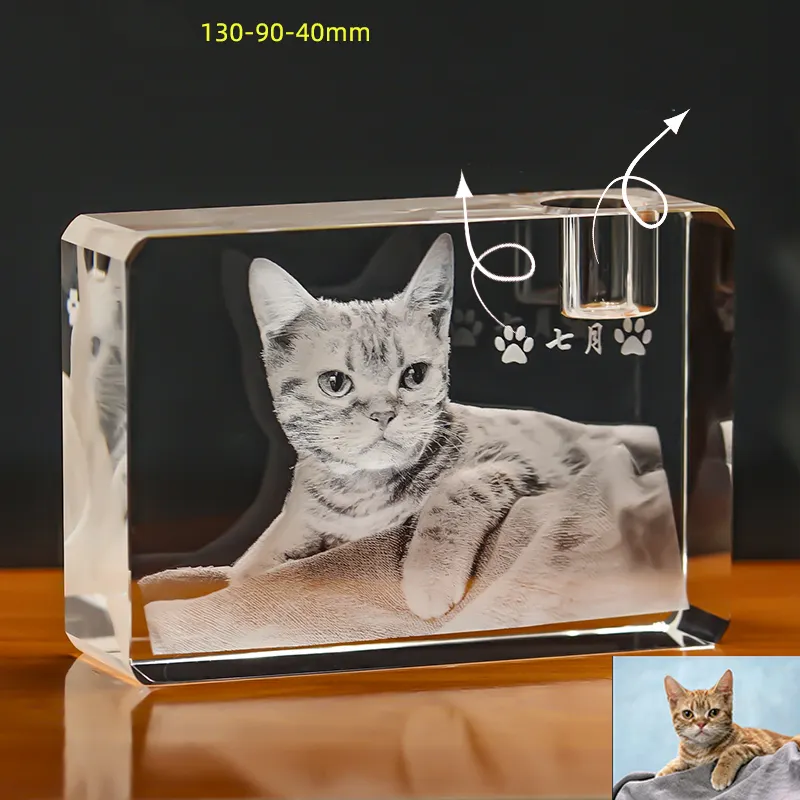 Honor of crystal terukir kubus kristal kaca blok kaca motif kucing kosong 3D Laser kristal kubus dengan dasar lampu Led