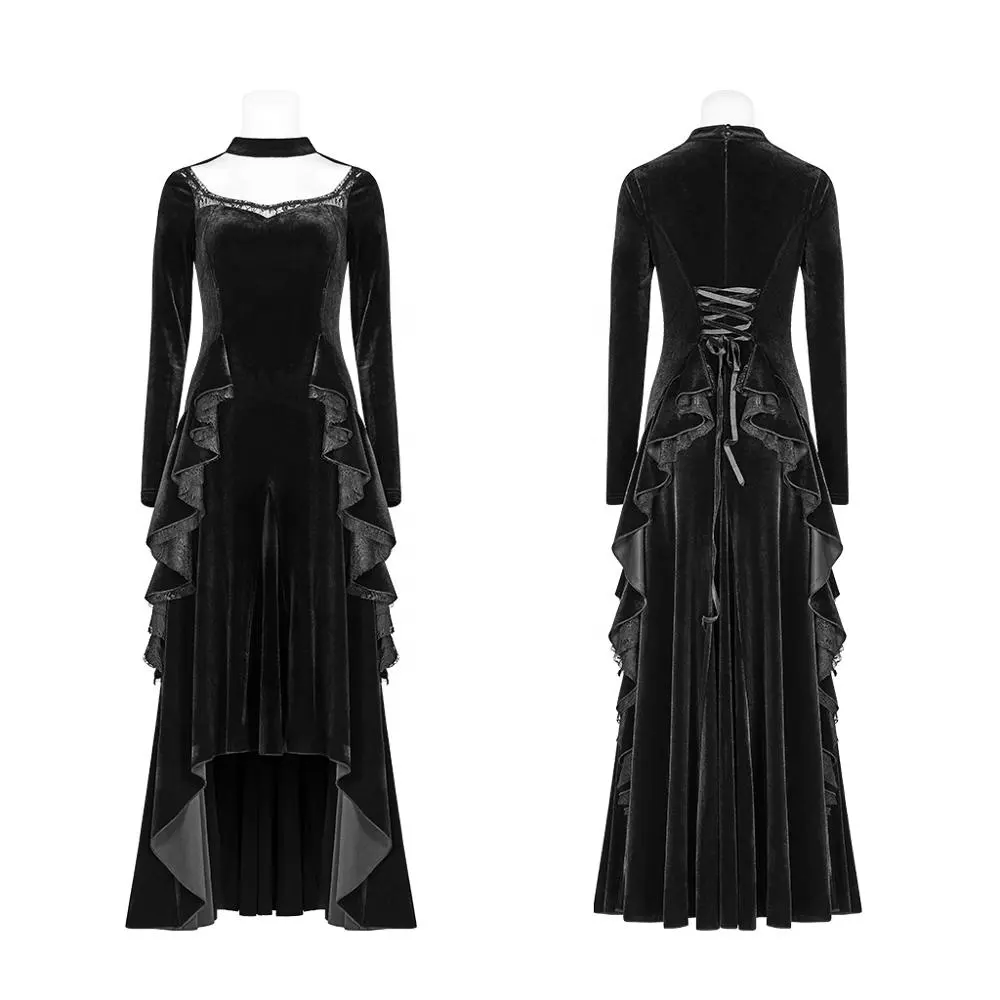 PUNKRAVE OQ-417LQF Original design Gothic Black Long Sleeve Drawstring Adjustable Waist Evening Dress Velvet Asymmetric Dress
