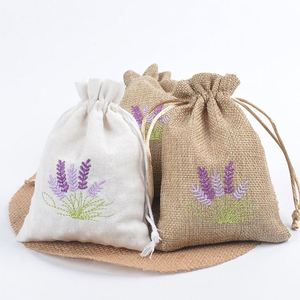 Natural Linen Drawstring <b>Bag</b> with Embroidery <b>Lavender</b> 10x14cm Reusable Pouch for Shopping Candy Storage Dust Sack - Product Image 1