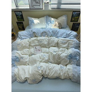 Juego de Ropa de Cama de Algodón Estilo Princesa, 4 Piezas, con Adorno de Lazo y Encaje, Transpirable, para Uso Doméstico, para las Cuatro Estaciones - Product Image 4