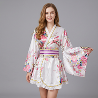 Robe kimono courte pour femme, imprimé floral, col en V, manches larges, ceinture obi, ourlet à volants, costume japonais Yukata en satin