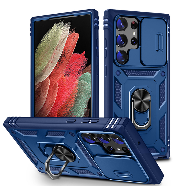 Hybrid Shockproof Ring Holder Cases,With Push Window Phone Case for Samsung A16 A06 A35 S24 Ultra S25,Car Magnetic Back Cover