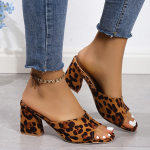 New Fashion Women Leopard Print Slide Sandals Square Toe One Strap <b>Block</b> Heel Casual Large Size Summer Mules - Product Image 4