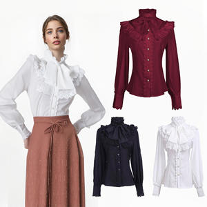 قمصان وبلوزات جديدة بتصميم عتيق مع كشكشة من الدانتيل، أزياء قوطية لوليتا بأكمام طويلة، بلوزات بكشكشة باللونين الأسود والأبيض للنساء - Product Image 1