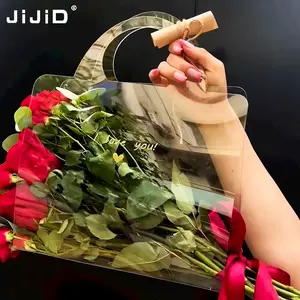 JIJID individuelle neue blumenverpackung Valentinstag einfache tragbare PVC-Tasche Geschenkstrauß Blume durchsichtiger Plastikbeutel mit Griff