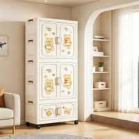 Armoire pliable pour enfants en plastique PP 68,5*36,5*165,5 cm, 3 niveaux, avec roulettes, motif dessin animé