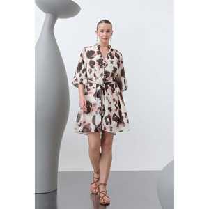 Robe élégante en mousseline de soie pour femme, beige et marron foncé, col rond, taille naturelle, style cocktail, respirante, courte - Product Image 4