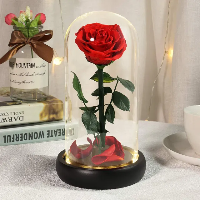 Décoration de chambre, rose éternelle enchantée, fleur conservée dans un dôme en verre, feuille d'or 24k pour la saint-valentin, galaxie de fleurs de Rose