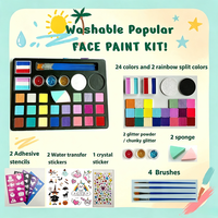 Kit de peinture lavable à base d'eau pour le visage et le corps, palette de 24 couleurs avec pinceaux, éponge, paillettes, pochoirs, autocollants de tatouage pour enfants, bricolage