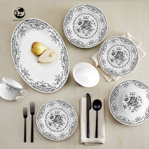 빈티지한 영감을 받은 플로럴 세라믹 식기 세트 우아한 블랙 화이트 도자기 식기 프리미엄 도자기 식기 - Product Image 6