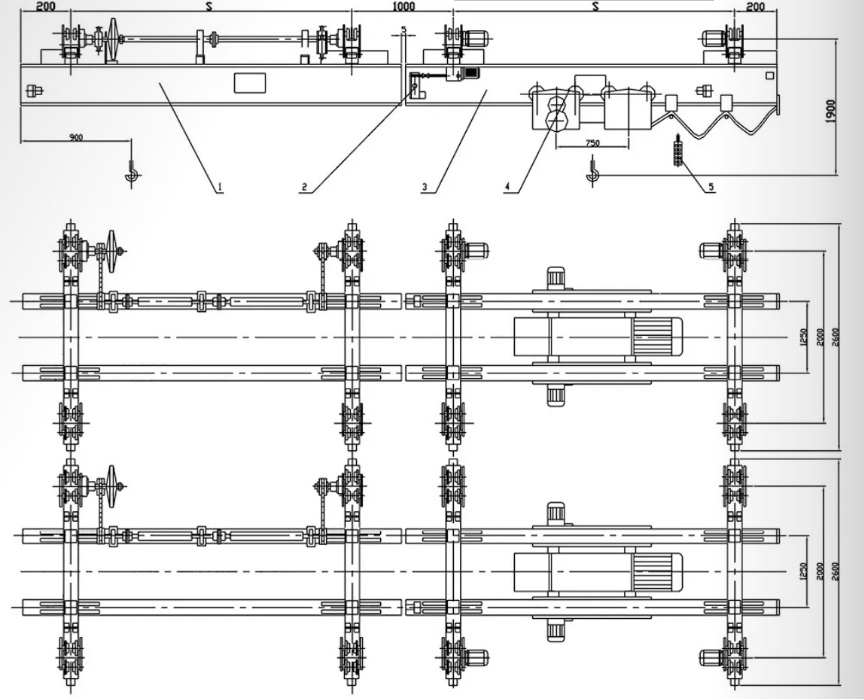 Electric double girder under-slung rail-passing crane for maintain and repair coal mills