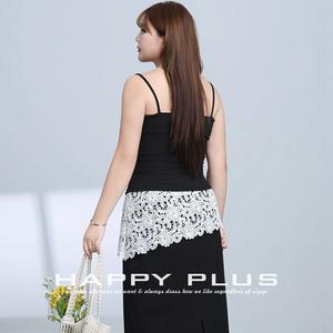 Camisola elegante de color liso con tirantes finos y ribete de encaje para mujer, talla grande, color negro, albaricoque, top de poliéster N8846-1 - Product Image 4
