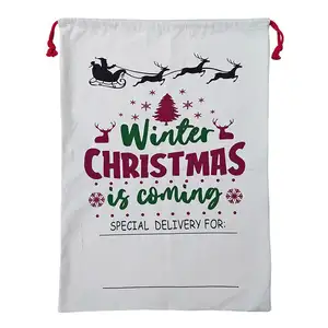 Sac à cordon de Noël en toile réutilisable recyclé personnalisé de 12Oz 16Oz d'épaisseur 100% coton biologique pour emballage de cadeaux