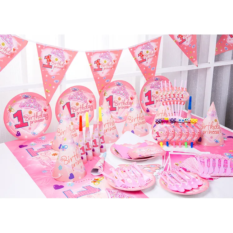 Fabbrica! Rosa Piatto di Carta Set Delle Ragazze Del Bambino Della Decorazione Del Partito Usa E Getta Piatto Posate Principessa 1st Festa di Compleanno Forniture