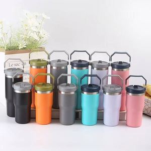 Stainless Steel Travel Beverage <b>Cup</b> with Side Handle, 30oz <b>Double</b> <b>Wall</b> Vacuum Tumbler for Coffee Water and Tea - Product Image 1