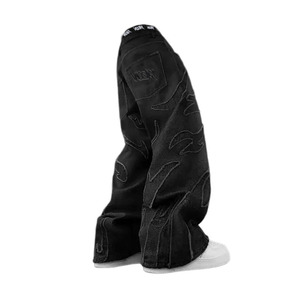 Maßgeschneiderte Herren Y2K Straight Baggy Schwarze Selvedge <span class=keywords><strong>Denim</strong></span> Jeans Gewaschen Bestickt <span class=keywords><strong>Patchwork</strong></span> Rohe Kanten Lässig Herbst Umweltfreundlich - Product Image 4