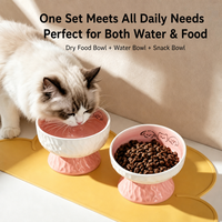 Bol pour chat en céramique surélevé peint à la main NicePets |   Protection du cou anti-chute pour pieds hauts |   Gamelle pour chat et chien rose pastel, jaune et bleue
