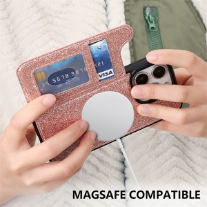 Funda de cuero de lujo 2025 para <span class=keywords><strong>iPhone</strong></span> 16 Pro, ranuras para tarjetas, cartera magnética con purpurina, funda para teléfono móvil para <span class=keywords><strong>iPhone</strong></span> 16 15 14 13 12
