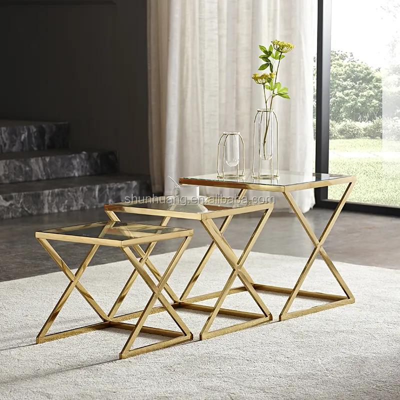 Altın çerçeve oturma odası kahve sehpası seti paslanmaz çelik mobilya temizle cam 3 adet yan masa