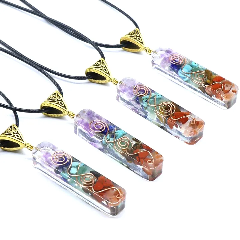 Colar espiritual natural com pingente de pedra, colar com cristal de cascalho, resina de sete chakras