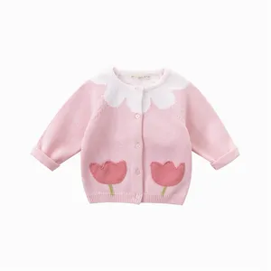 Милая Одежда для девочек, розовый цветочный свитер из 100% хлопка для девочек на весну, лето и осень, кардиган для девочек с узором тюльпана