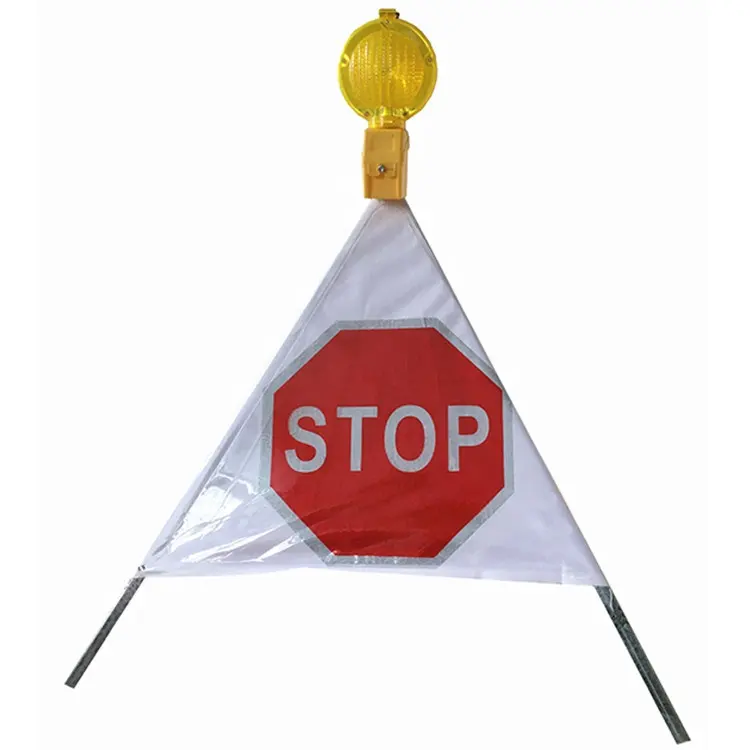 Customized Portable roll up retractable Road traffic safety hazard warning Tent tripods stop sign with barricade light