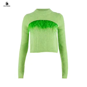 OEM-Pull en tricot à manches longues et en laine côtelée pour femmes, série plumes, col montant