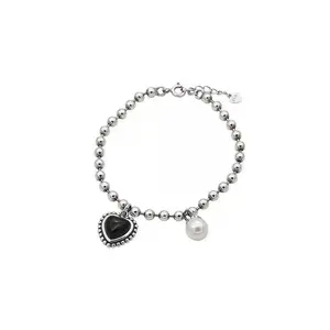 Christmas Gift Fashion Pearl Black Heart-shaped Stainless Steel Lucky Ladies Bracelet Does Not Lose Color