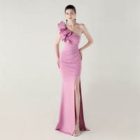 33596 # bleu simple épaule artisanat ondulé fleur Satin haute fente Sexy robe de soirée pour le dîner