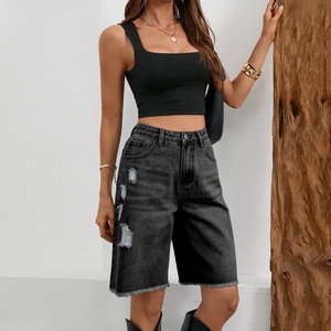 Shorts en <span class=keywords><strong>jean</strong></span> déchiré taille haute pour <span class=keywords><strong>femme</strong></span>, coupe droite, ourlet brut, longueur <span class=keywords><strong>mi</strong></span>-cuisse, décontracté, été - Product Image 3