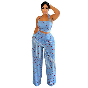 Nouvel ensemble pantalon deux pièces <span class=keywords><strong>pour</strong></span> <span class=keywords><strong>femme</strong></span>, imprimé pois décontracté, haut asymétrique tendance et pantalon à franges, ensemble 2 pièces <span class=keywords><strong>pour</strong></span> <span class=keywords><strong>femme</strong></span> - Product Image 4