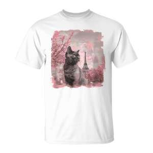 T-shirt Cat In Paris avec motif de la tour Eiffel et de fleurs de cerisier, taille adulte unisexe - Product Image 1