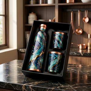 Juego de Botella de Agua Portátil de Cobre con Patrón de Mármol Dorado Turquesa, con 2 Tazas, Tapa de Cobre, Caja de Regalo de Lujo - Product Image 1