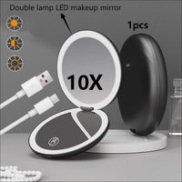 Miroir de maquillage portable pliable à double face, 5x/10x, avec éclairage rond, 3 couleurs réglables, cadre en plastique