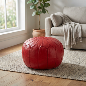 Housse de coussin pouf en cuir brodé rouge rond, style bohème, design cousu à la main, fermeture éclair, personnalisable, décoration intérieure - Product Image 2
