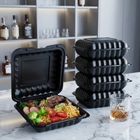 Boîtes à lunch jetables en plastique MFPP noir à charnière de 9x9 pouces, 1 compartiment, pour plats à emporter