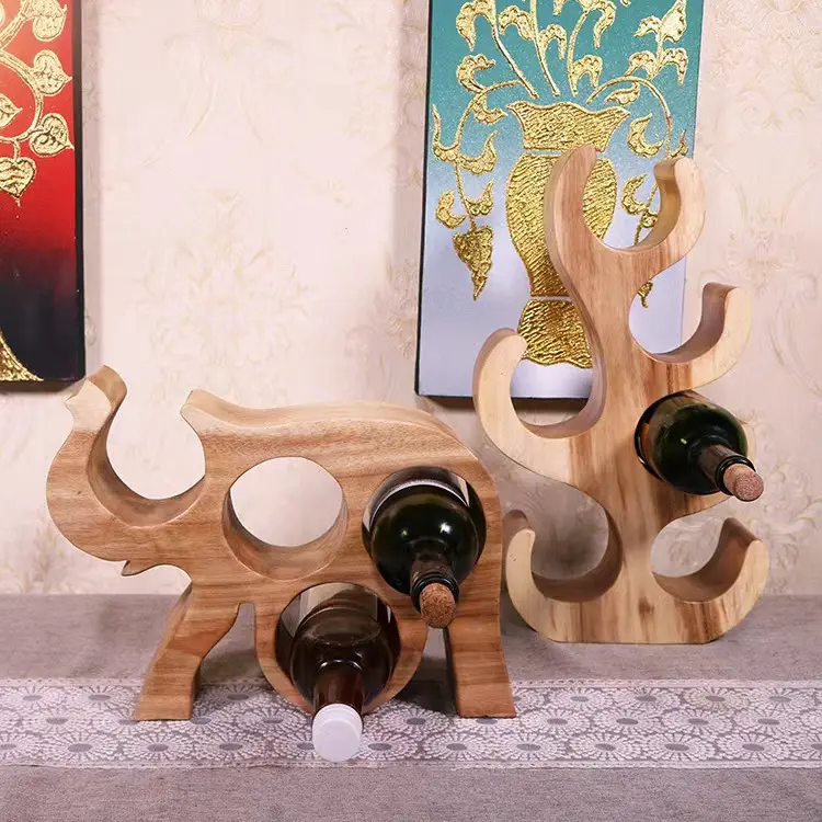 ファッション装飾無垢材ワインボトルオーガナイザーコーラルツリーと動物の形をしたカウンタートップワインラック木製ワインセラーラック