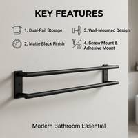 Rak Handuk Ganda Dinding, Rak Handuk Kamar Mandi Stainless Steel Hitam Matte, Organizer Rel Ganda untuk Kamar Mandi Modern