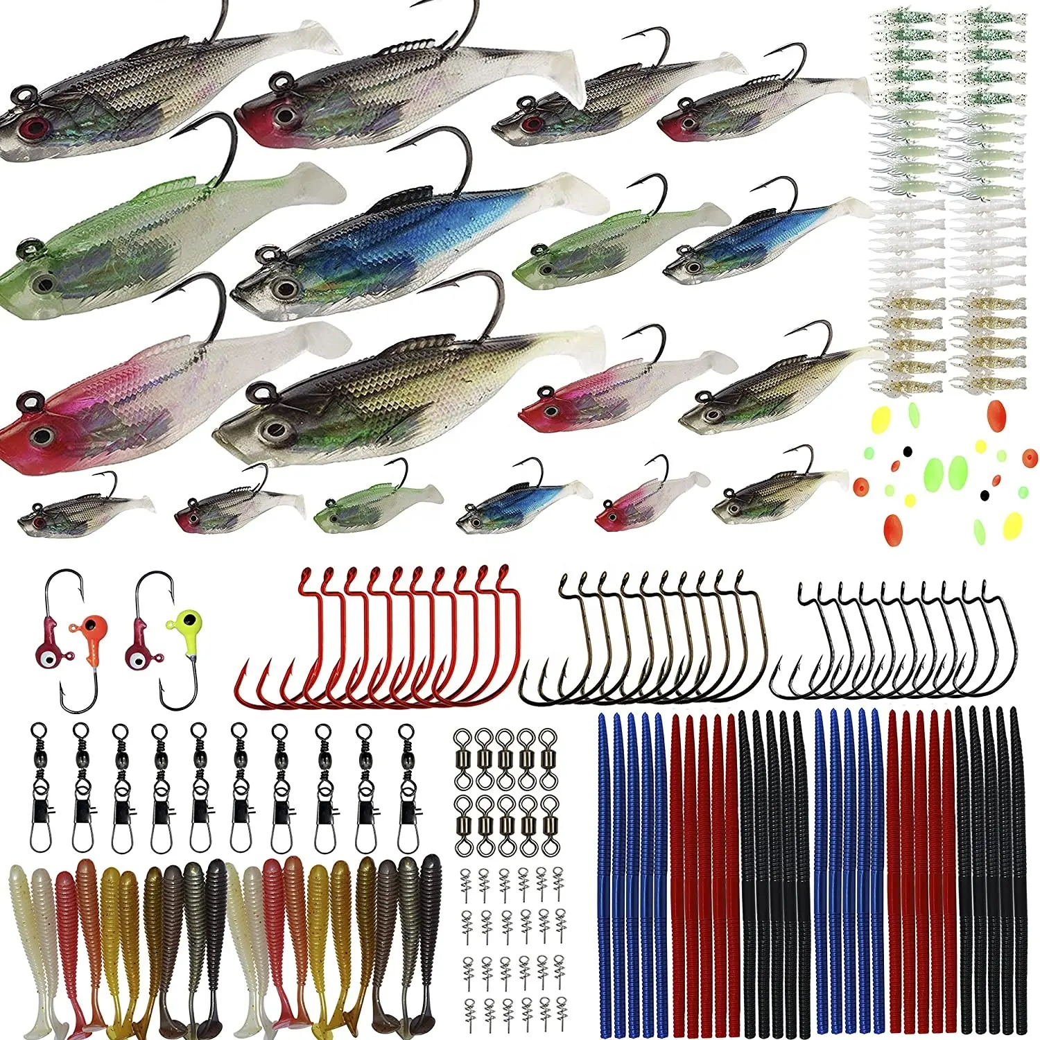 206pcs Bass Fishing Lure Set Includes Fishing Shad Lure Worms Shrimp Spring Twist Lock Fishing Beads Saltwater Freshwater