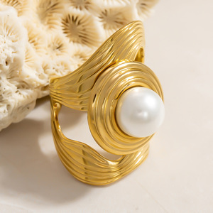 Pearl <b>Ring</b> 18K <b>Gold</b> Plated Geometric Design Bezel <b>Set</b> For Everyday Wear Unisex Jewelry Index Finger Style - Product Image 1