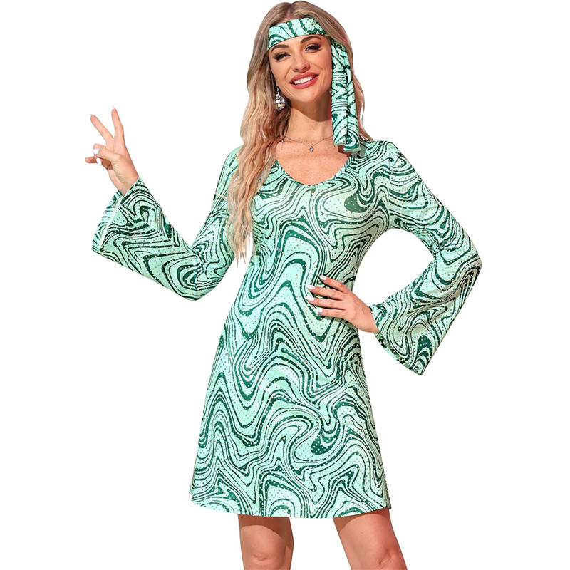 Robe disco bling-bling verte des années 60 et 70 avec bandeau
